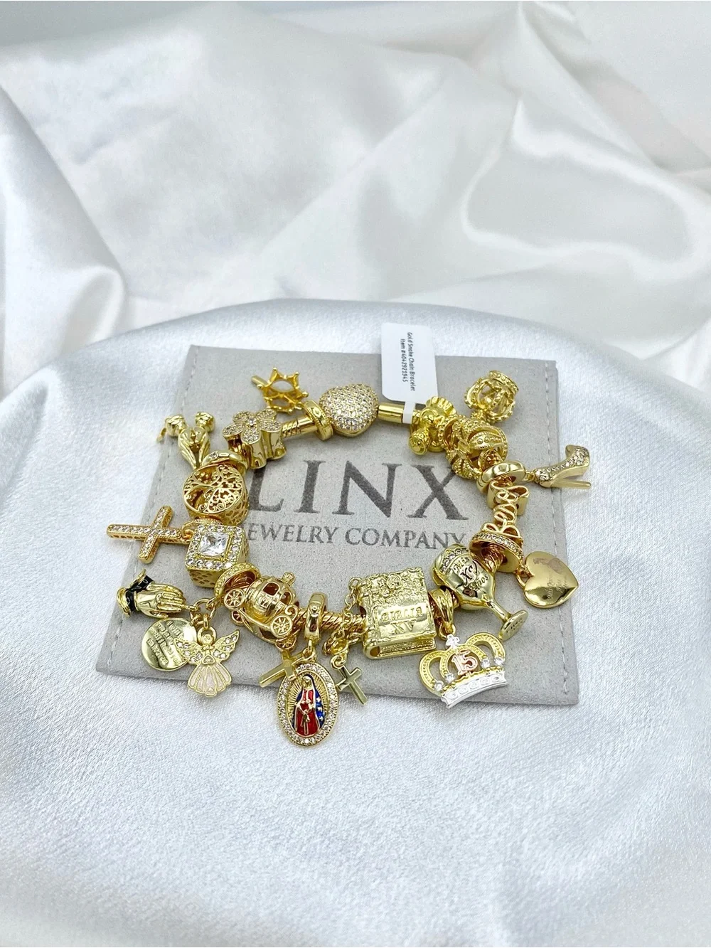 Linx Gold Snake Chain Charm Bracelet with Religious Quinceanera Themed Charms